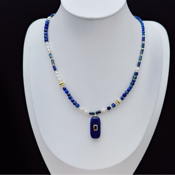 X664 Handmade Freshwater Pearl Dainty Lapis Choker Necklace - Picture 1 of 7